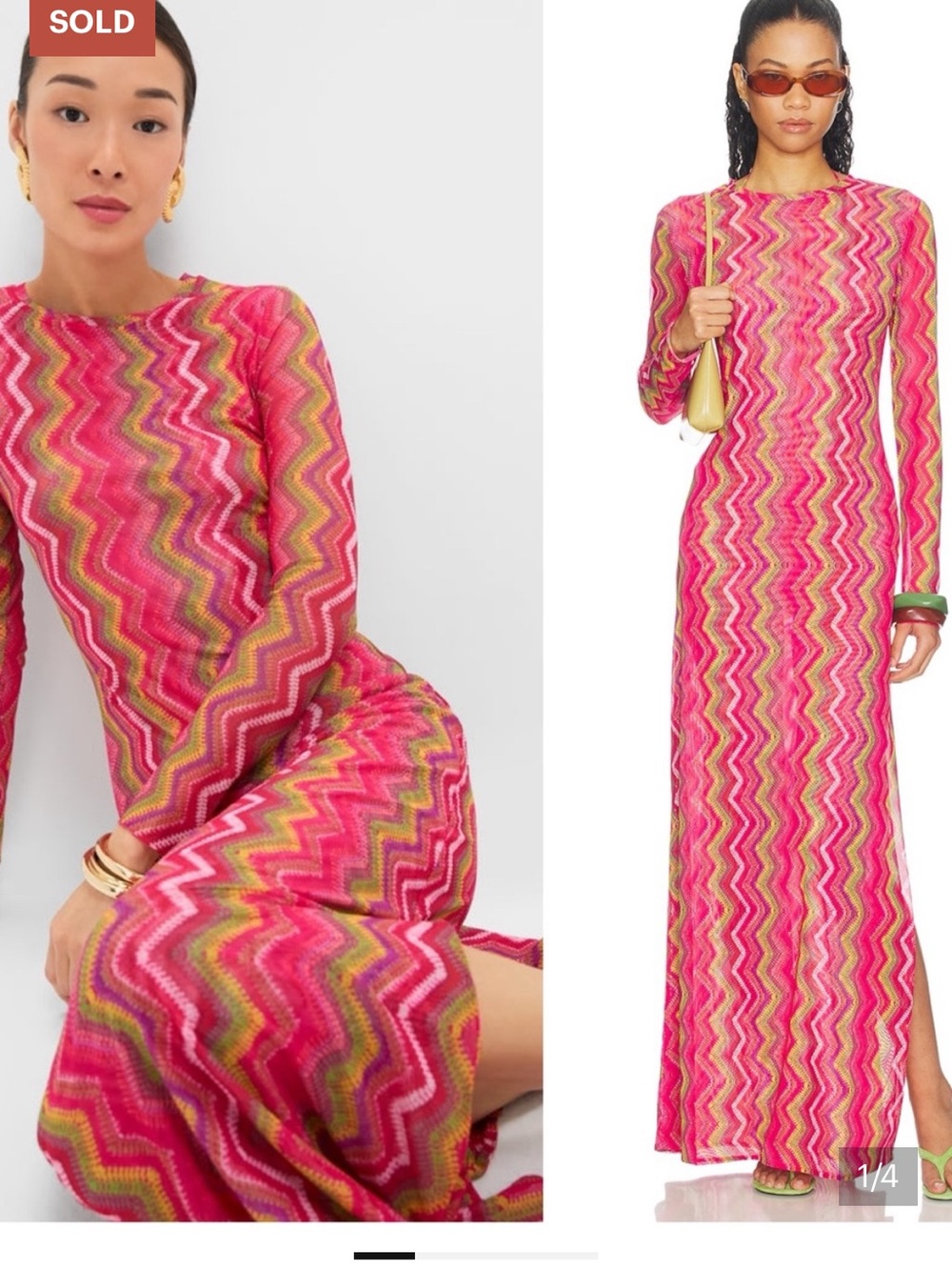 NWT Eywasouls Malibu Electric Wave Pink Scarlet Maxi Long Sleeve Dress Sz large